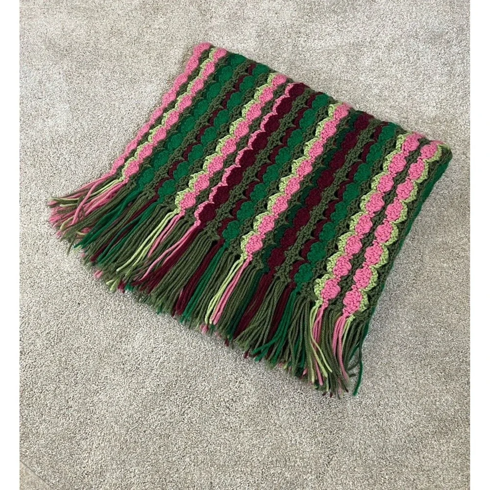 Afghan Throw Vtg Handmade Crochet Pink & Green Blanket 72x36” Soft Cottage